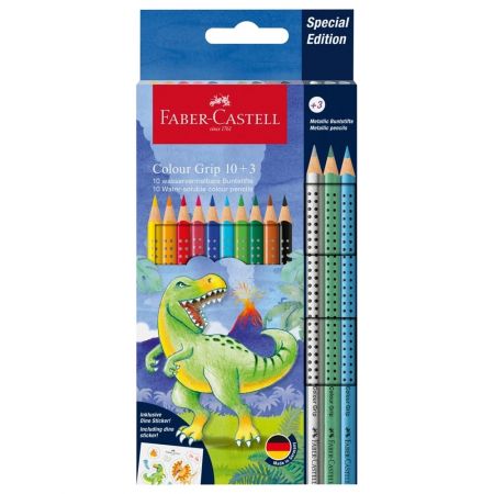Creioane colorate, 10+3 culori/set, FABER-CASTELL Grip 2001 Dino